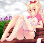 1girl animal_ears bangs bench blonde_hair blush bow breasts cat_ears english_commentary eyebrows_visible_through_hair fast-runner-2024 hair_bow highres large_breasts long_hair looking_at_viewer nipples original outdoors panties panty_peek rain red_bow red_eyes see-through shirt shorts single_thighhigh sitting slit_pupils solo thighhighs tiffy_(fast-runner-2024) underwear wet wet_clothes wet_shirt white_panties 