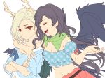  2girls :d ^_^ bandana bare_shoulders black_hair black_wings blonde_hair blue_shirt blush breasts cleavage closed_eyes commentary_request crop_top crossed_arms dragon_horns eyebrows_visible_through_hair eyes_visible_through_hair feathered_wings flat_color highres horns kicchou_yachie kurokoma_saki long_hair looking_at_viewer medium_breasts midriff moneti_(daifuku) multiple_girls navel no_hat no_headwear off-shoulder_shirt off_shoulder open_mouth pink_skirt plaid plaid_shirt puffy_short_sleeves puffy_sleeves red_eyes shirt short_hair short_sleeves simple_background skirt smile stomach touhou unmoving_pattern upper_body white_background wings work_in_progress 