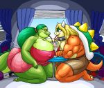  alligator alligatorid beverage breasts crocodilian curtains duo female furniture koopa male mario_bros muscular nintendo reptile scalie table vdisco video_games 