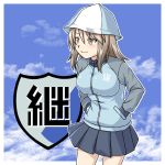  1girl beni_(bluebluesky) blue_headwear blue_jacket blue_skirt blue_sky brown_eyes brown_hair closed_mouth cloud cloudy_sky commentary cowboy_shot day emblem eyebrows_visible_through_hair girls_und_panzer hands_in_pockets hat highres jacket keizoku_(emblem) keizoku_military_uniform leaning_forward long_hair long_sleeves looking_to_the_side mika_(girls_und_panzer) military military_uniform miniskirt outline pleated_skirt raglan_sleeves skirt sky smile solo track_jacket uniform white_outline zipper 