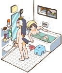  3girls animal_ears arm_rest ass bath bathing bathroom bathtub bird_tail black_hair blonde_hair brown_eyes commentary_request cup day diorama emperor_penguin_(kemono_friends) eyebrows_visible_through_hair highres indoors kashi_shime kemono_friends long_hair margay_(kemono_friends) mirror multicolored_hair multiple_girls nude orange_hair penguin_tail pink_hair red_eyes red_hair royal_penguin_(kemono_friends) shower_head sitting standing steam tail tile_floor tiles toothbrush towel towel_on_head water wet white_hair window 