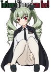  1girl anchovy anzio_school_uniform arm_support bangs black_cape black_footwear black_neckwear black_ribbon cape closed_mouth commentary dress_shirt drill_hair emblem eyebrows_visible_through_hair full_body girls_und_panzer green_hair hair_ribbon hand_on_own_leg head_tilt italian_text izumi_(izumi_p) legs light_blush loafers long_hair long_sleeves looking_at_viewer miniskirt necktie panties panties_under_pantyhose pantyhose pleated_skirt red_eyes ribbon school_uniform shirt shoes simple_background sitting skirt smile solo translation_request twin_drills twintails underwear white_background white_legwear white_shirt 