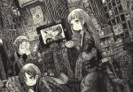  1boy 2girls absurdres bowl calendar_(object) cigarette closed_eyes directional_arrow earbuds earphones facing_another greyscale highres indoors long_hair looking_at_viewer looking_away monochrome multiple_girls original scenery short_hair smoking television usio_ueda 