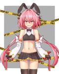  1boy astolfo_(fate) astolfo_(saber)_(fate) bangs bare_shoulders black_bow black_gloves black_legwear blush bow caution_tape commentary_request detached_sleeves erection erection_under_clothes eyebrows_visible_through_hair fang fate/grand_order fate_(series) gloves grey_background hair_bow hair_ornament highres kaiyi long_hair looking_at_viewer male_focus navel otoko_no_ko panties pink_eyes pink_hair simple_background skin_fnag skirt smile solo thighhighs twintails underwear white_panties 