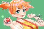  1girl :d bangs bare_shoulders blue_eyes blush breasts collarbone eyebrows_visible_through_hair eyelashes fingernails green_background holding holding_poke_ball kasumi_(pokemon) large_breasts open_mouth orange_hair poke_ball pokemon pokemon_(anime) short_hair short_sidetail side_ponytail simple_background smile solo suspenders upper_body yuckey 