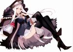  1girl aiguillette arm_support armband ateoyh bangs belt_buckle black_dress black_footwear boots breasts buckle chinese_commentary commentary_request crossed_legs dress finger_to_mouth fur_trim girls_frontline hair_between_eyes hat high_heel_boots high_heels kar98k_(girls_frontline) legs long_hair long_sleeves looking_at_viewer military military_hat military_uniform peaked_cap red_eyes short_dress simple_background sitting solo thigh_boots thighhighs uniform very_long_hair white_background white_hair wide_sleeves 