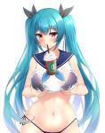  1girl aqua_hair bangs bikini black_ribbon blue_bikini blue_sailor_collar blush breast_lift breasts bubble_tea_challenge commentary crop_top drinking drinking_straw dungeon_and_fighter eyebrows_visible_through_hair hair_ribbon highres large_breasts long_hair maemi_(maemi12) navel red_eyes ribbon sailor_collar see-through shiny shiny_hair shirt side-tie_bikini side-tie_bottom simple_background sleeveless sleeveless_shirt solo standing starbucks swimsuit twintails very_long_hair wet wet_clothes white_background white_shirt 