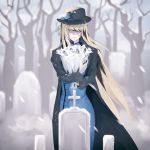  1girl artoria_pendragon_(all) artoria_pendragon_(lancer) blue_dress cross dress dress_shirt fate_(series) funeral_dress funeral_veil fur-trimmed_sleeves fur_trim hat highres long_hair shaded_face shirt snowing solo tombstone tsushima_touko veil 