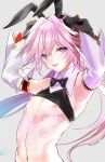  1boy astolfo_(fate) astolfo_(saber)_(fate) bangs bare_shoulders black_bow black_gloves black_neckwear black_ribbon black_shirt blush bow bowtie crop_top detached_sleeves fate/grand_order fate_(series) gloves grey_background hair_between_eyes hair_bow hair_intakes hair_ribbon hands_up highres long_hair long_sleeves looking_at_viewer low_twintails multicolored_hair navel nipples otoko_no_ko parted_lips pink_hair purple_eyes ribbon shirt shirt_lift smile solo streaked_hair twintails white_hair wide_sleeves wing_collar yuzuki_suri 