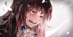  1girl absurdres belt black_legwear blue_butterfly blush butterfly_hair_ornament butterfly_on_finger crying forehead_scar hair_ornament highres kimetsu_no_yaiba long_hair sad snowru sobbing streaming_tears tears tsuyuri_kanao white_belt 