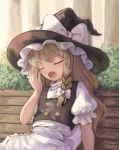  1girl apron arm_up bench black_headwear black_vest blonde_hair blurry blurry_background braid closed_eyes day depth_of_field hair_ribbon hat hat_ribbon head_tilt hedge_(plant) high_collar kirisame_marisa long_hair ookashippo open_hand open_mouth outdoors puffy_short_sleeves puffy_sleeves ribbon shirt short_sleeves single_braid sitting solo touhou tree tress_ribbon very_long_hair vest waist_apron white_shirt witch_hat wooden_bench yawning 