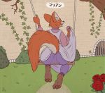  2019 anthro barefoot butt canid canine choker clothing clothing_lift detailed_background disney dress dress_lift female flower fox fur helena_lachette hi_res japanese_text jewelry maid_marian mammal necklace orange_body orange_fur outside plant rear_view robin_hood_(disney) rose_(flower) sitting solo text 
