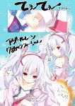  2girls animal_ears azur_lane bangs blue_background breasts bunny_ears camisole collarbone commentary_request eyebrows_visible_through_hair fuuna_thise hair_between_eyes hair_ornament hairband highres holding_hands jacket javelin_(azur_lane) laffey_(azur_lane) long_hair long_sleeves multiple_girls multiple_views open_clothes open_jacket pink_jacket pleated_skirt polka_dot polka_dot_background red_eyes red_hairband red_skirt silver_hair skirt sleeves_past_wrists small_breasts star thighhighs translation_request twintails very_long_hair white_camisole white_legwear 
