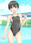  1girl absurdres bench black_hair blue_sky cloud competition_swimsuit contrapposto cowboy_shot day flat_chest green_eyes highres looking_at_viewer one-piece_swimsuit open_mouth original outdoors pool shed short_hair sky smile solo standing swimsuit takafumi translation_request upper_teeth 