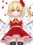  1girl absurdres black_legwear blonde_hair blurry blurry_background blush commentary cowboy_shot cravat depth_of_field eyebrows_visible_through_hair flandre_scarlet frilled_shirt_collar frills hair_between_eyes hair_ribbon highres long_sleeves looking_at_viewer no_hat no_headwear nyanyanoruru open_mouth panties pantyshot pantyshot_(standing) petals petticoat red_eyes red_skirt red_vest ribbon rose_petals shiny shiny_hair shirt short_hair side_ponytail simple_background skindentation skirt solo standing thighhighs touhou underwear vest white_background white_panties white_shirt wings yellow_neckwear 