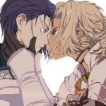  2girls armor aso_lago black_gloves blonde_hair blue_eyes blue_hair catherine_(fire_emblem) face-to-face fire_emblem fire_emblem:_three_houses forehead-to-forehead gloves grin hands_on_another&#039;s_face looking_at_another multiple_girls purple_eyes shamir_nevrand short_hair short_ponytail simple_background smile upper_body white_background 