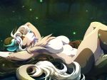  2019 4:3 anthro blue_nose cervid detailed_background digital_media_(artwork) dragon female forest fur furred_dragon grass hybrid lapres lying mammal night nude on_back outside solo tree 