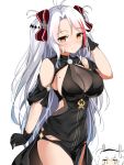  2girls absurdres animal_ears antenna_hair azur_lane bangs bare_shoulders black_dress black_gloves blush bow breasts brown_eyes bunny_ears chibi chibi_inset cleavage closed_mouth dress eyebrows_visible_through_hair gloves hair_between_eyes hair_bow hair_ornament hairband hand_up highres laffey_(azur_lane) large_breasts long_hair mole mole_on_breast moyoron multicolored_hair multiple_girls parted_bangs prinz_eugen_(azur_lane) prinz_eugen_(cordial_cornflower)_(azur_lane) red_bow red_hair see-through short_sleeves shoulder_cutout sidelocks simple_background smile solo_focus streaked_hair two_side_up white_background 