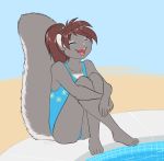  anthro brown_hair buckteeth clothing cub eyes_closed female fluffy fluffy_tail fur grey_body grey_fur hair happy hi_res knees_pulled_up knees_together long_tail malachyte mammal open_mouth paws rodent sciurid sitting smile solo squirrel_tail swimming_pool swimwear tammy_(worldf0x) teenager teeth young 