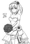  1girl bare_shoulders bouquet breasts cleavage closed_mouth collarbone detached_sleeves dress flower frilled_dress frilled_hairband frills girls_frontline greyscale hair_flower hair_ornament hairband high_ponytail highres holding holding_bouquet long_hair long_sleeves looking_at_viewer medium_breasts monochrome ndtwofives ponytail rose simple_background smile solo strapless strapless_dress sv-98_(girls_frontline) thighhighs white_background 