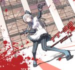  1girl black_footwear blood bodysuit bow bowtie breasts character_name circle_a dress dual_wielding frills girls_frontline grey_hair gun hair_bow handgun high_heels holding holding_gun holding_weapon long_hair pantyhose red_eyes solo tokarev_(girls_frontline) tokarev_tt-33 weapon white_dress 