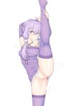  1girl arm_behind_head armpits arms_up ass bare_shoulders blush bottomless breasts censored detached_sleeves dress leg_hold long_hair looking_at_viewer no_panties purple_dress purple_eyes purple_hair purple_legwear pussy simple_background small_breasts smile solo split standing standing_on_one_leg standing_split striped striped_legwear thighhighs thighs twintails upskirt vertical-striped_dress vertical-striped_legwear vertical_stripes vocaloid voiceroid white_background yuzuki_yukari 