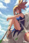 1girl bangs bare_arms bare_shoulders bird blonde_hair blue_dress blue_eyes blue_sky cloud dr._stone dress falling_leaves hair_between_eyes hair_tie high_heels high_ponytail highres hirosenpaii holding holding_weapon kohaku_(dr._stone) leaf looking_at_viewer parted_lips polearm ponytail rock rope rope_belt shield shiny sitting sky smile spear sun thighs weapon wind 