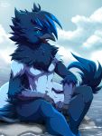  2019 abs anthro avian bird blue_body blue_eyes blue_fur corvid day detailed_background digital_media_(artwork) eyebrows eyelashes fingers fur hi_res lapres male outside partially_submerged rock sitting sky solo water 