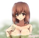  1girl bangs bath breasts brown_eyes brown_hair cleavage commentary eyebrows_visible_through_hair girls_und_panzer hand_up kondou_taeko large_breasts light_blush looking_at_viewer medium_hair nanjou_satoshi no_headband open_mouth partially_submerged solo sweat twitter_username upper_body water 