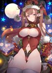  1girl :q antlers areola_slip areolae arms_at_sides bangs bare_shoulders belt belt_buckle blurry blush bow breasts brown_hair buckle cameltoe christmas cleavage_cutout closed_mouth commentary covered_nipples cowboy_shot detached_sleeves full_moon fur-trimmed_hat fur-trimmed_sleeves fur_trim glint green_bow green_ribbon hair_ribbon hat hat_bow highleg highleg_leotard jester_cap large_breasts leotard long_hair looking_at_viewer moon navel navel_cutout original partially_visible_vulva pointy_ears red_headwear red_leotard ribbed_leotard ribbon santa_hat sidelocks skindentation sleeves_past_wrists smile solo sparkle star sweat tajima_ryuushi thigh_gap thighhighs tongue tongue_out two_side_up unbuckled_belt white_legwear 
