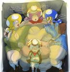  2019 backpack bandanna big_breasts big_butt blue_toad blush bodily_fluids bottomwear breast_squish breasts butt captain_toad cleavage clothed clothing cramped eyewear female fungi_fauna fungus glasses group headlamp hi_res huge_breasts huge_butt humanoid larger_female male mario_bros mushroom nintendo not_furry not_furry_focus open_mouth rchammer shirt shorts size_difference smaller_male smile squish text thick_thighs toad_(mario) toadette topwear video_games wide_hips yellow_toad 