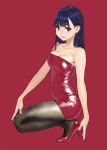  1girl bangs bare_shoulders black_legwear blue_hair blush breasts cleavage closed_mouth dress eyebrows_visible_through_hair hair_behind_ear high_heels highres long_hair looking_at_viewer medium_breasts miru_tights mole mole_under_eye nakabeni_yua pantyhose red_background red_dress red_footwear red_nails skin_tight smile solo squatting strapless strapless_dress tube_dress yomu_(sgt_epper) 