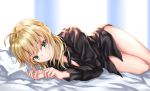  1girl absurdres ahoge artoria_pendragon_(all) bangs bed_sheet black_neckwear black_shirt blonde_hair bottomless breasts closed_mouth collared_shirt dress_shirt eyebrows_visible_through_hair fate/zero fate_(series) feet_out_of_frame green_eyes hair_over_shoulder highres long_sleeves looking_at_viewer low_ponytail lying naked_shirt on_bed on_side pillow ponytail saber shirt sidelocks smile solo untied yu_sa1126 