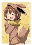  1girl :d blush brown_hair closed_eyes commentary_request eevee eevee_ears eevee_tail fang gen_1_pokemon hair_ornament hairclip highres ikazuchi_(kantai_collection) kantai_collection open_mouth oshiruko_(uminekotei) pokemon pokemon_(creature) short_hair skin_fang smile solo 
