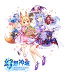  2girls animal_ear_fluff animal_ears aura_kingdom blonde_hair blue_hair blush breasts chibi dress hair_ornament highres long_hair multiple_girls official_art ririkuto shoes tail wings 