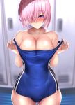  1girl ass_visible_through_thighs blue_swimsuit blurry blurry_background blush breasts cleavage closed_mouth collarbone covered_navel eyebrows_visible_through_hair fate/grand_order fate_(series) hair_over_one_eye large_breasts locker locker_room looking_at_viewer mash_kyrielight nose_blush off_shoulder pink_hair purple_eyes school_swimsuit short_hair smile solo standing swimsuit untsue upper_body wet 