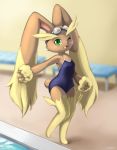  2019 3_fingers anthro black_nose blurred_background blush breasts brown_body brown_fur clothed clothing female fingers fur green_eyes hi_res long_ears lopunny nintendo one-piece_swimsuit one_eye_closed open_mouth pok&eacute;mon pok&eacute;mon_(species) ryuma210 short_tail small_breasts solo swimming_goggles swimming_pool swimwear video_games wink yellow_body yellow_fur りゅま 