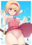  1girl absurdres blonde_hair blue_sky blush cloud cloudy_sky commentary_request day djeeta_(granblue_fantasy) dress dress_lift embarrassed granblue_fantasy hairband hands_up highres leaf looking_at_viewer mocchi outdoors panties pantyshot pantyshot_(standing) puffy_short_sleeves puffy_sleeves red_hairband short_hair short_sleeves sky solo standing surprised sword thighs underwear weapon white_panties wind wind_lift yellow_eyes 