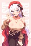  1girl aran_sweater azur_lane bare_shoulders belfast_(azur_lane) belfast_(shopping_with_the_head_maid)_(azur_lane) beret black_legwear black_skirt blue_eyes blush breasts brown_sweater character_name choker cleavage collarbone earrings eyebrows_visible_through_hair food hanging_breasts hat head_tilt highres hoop_earrings jewelry large_breasts leaning_forward long_hair looking_at_viewer mmrailgun off-shoulder_sweater off_shoulder open_mouth pantyhose pencil_skirt pocky red_headwear shawl skirt smile solo sweater very_long_hair white_hair 