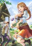  1boy 1girl :d ahoge axe belt blue_bow boots bow braided_ponytail breasts brown_hair building cleavage cover cover_page day fence firewood grass hair_bow hand_up highres large_breasts long_hair long_sleeves novel_cover novel_illustration open_mouth outdoors pants red_skirt sage_joh skirt smile standing tree_stump 