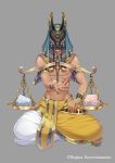  1boy bare_shoulders barefoot commentary_request dark_skin egyptian egyptian_clothes full_body grey_background highres holding holding_staff navel official_art original pharaoh simple_background sitting skirt solo staff tagme takamiya_ren white_skirt wrist_cuffs yellow_skirt 