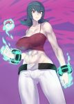  1girl abs bangs bare_shoulders breasts camisole cleavage collarbone commentary covered_nipples cowboy_shot crop_top eyebrows_visible_through_hair gym_leader highres huge_breasts large_breasts looking_at_viewer midriff mizuumi_(bb) natsume_(pokemon) navel pants pink_crop_top poke_ball poke_ball_(generic) pokemon pokemon_(game) pokemon_hgss purple_eyes purple_hair simple_background solo standing telekinesis 