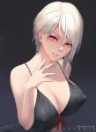  1girl artist_name azto_dio bare_shoulders black_background breasts camisole cleavage collarbone commentary hair_between_eyes hand_up highres large_breasts leaning_forward nakiri_alice parted_lips pink_eyes pink_lips red_ribbon ribbon shokugeki_no_souma short_hair silver_hair sleeveless smile solo spaghetti_strap upper_body 