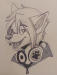  2019 canid canine eyebrows eyelashes hair headphones mammal open_mouth smile teeth tongue traditional_media_(artwork) wolflady 