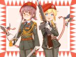  2girls :d austria battle_rifle beret bird blonde_hair blue_eyes braid brown_hair chinese_commentary commentary fn_fal formal german_commentary glasses gloves gun hat highres holding holding_gun holding_sheath holding_sword holding_weapon looking_at_viewer medal military military_rank_insignia military_uniform multiple_girls necktie open_mouth original rifle saber_(weapon) semi-rimless_eyewear sheath short_twintails smile suzushiro_(gripen39) sword tassel twintails uniform weapon yellow_eyes 
