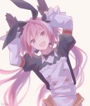  1boy astolfo_(fate) astolfo_(saber)_(fate) bangs black_bow black_gloves black_ribbon blush bow bowtie commentary_request dress eyebrows_visible_through_hair fang fate/grand_order fate_(series) gloves hair_bow hair_intakes hair_ribbon long_hair long_sleeves looking_at_viewer multicolored_hair otoko_no_ko pink_hair purple_eyes ribbon simple_background sionne7724 smile solo streaked_hair twintails very_long_hair white_background white_hair 