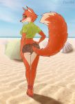  anthro beach bottomwear canid canine clothed clothing crossgender digital_media_(artwork) disney female fingers fox full-length_portrait fur green_eyes hi_res mammal nick_wilde orange_body orange_fur portrait sand seaside shirt shorts slim solo taurika taurika_(artist) topwear zootopia 