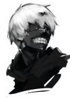  1boy black_eyes eyepatch face greyscale kaneki_ken male_focus mask monochrome one_eye_covered shiromi_(ringo) simple_background solo tokyo_ghoul white_background 