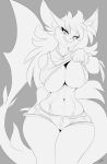 2019 5_fingers anthro big_breasts breasts chalo clothed clothing clothing_lift curvy_figure female fingers fur grey_background hair huge_breasts long_hair looking_at_viewer monochrome simple_background solo standing thick_thighs unknown_species voluptuous wide_hips 