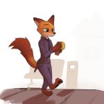  1:1 anthro barefoot belt black_nose bottomwear canid canine clothed clothing disney enginetrap fox fully_clothed fur green_eyes hi_res holding_object light lighting mammal necktie nick_wilde orange_body orange_fur pants pawpads police_uniform red_fox shadow shirt solo topwear uniform walking zootopia 